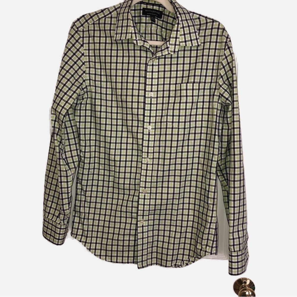 Banana Republic Non Iron Tailored Slim Button Front Mens Shirt S Green Black